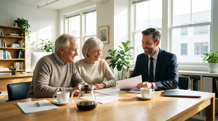 Ein älteres Ehepaar sitzt gemeinsam mit einem freundlichen Berater an einem Tisch und schaut sich lächelnd Unterlagen an. Kaffeetassen auf dem Tisch, seriöse und vertrauensvolle Beratungsatmosphäre in einem hellen Büro.