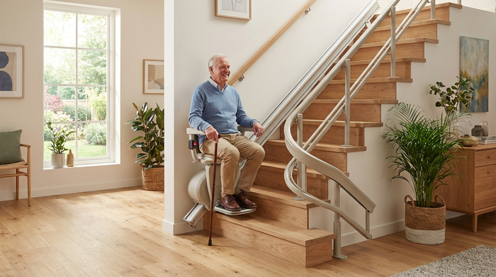 Ein moderner Treppenlift an einer Holztreppe in einem gepflegten Einfamilienhaus. Ein zufriedener Senior fährt sicher nach oben. Helles, wohnliches Ambiente ohne sichtbare Markenlogos.