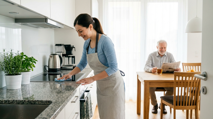 Eine engagierte Haushaltshilfe reinigt sorgfältig die moderne Küchenzeile einer Seniorenwohnung, während ein älterer Herr im Hintergrund zufrieden am Esstisch sitzt. Helle, saubere Umgebung, realistische Alltagsbegleitung ohne Text.