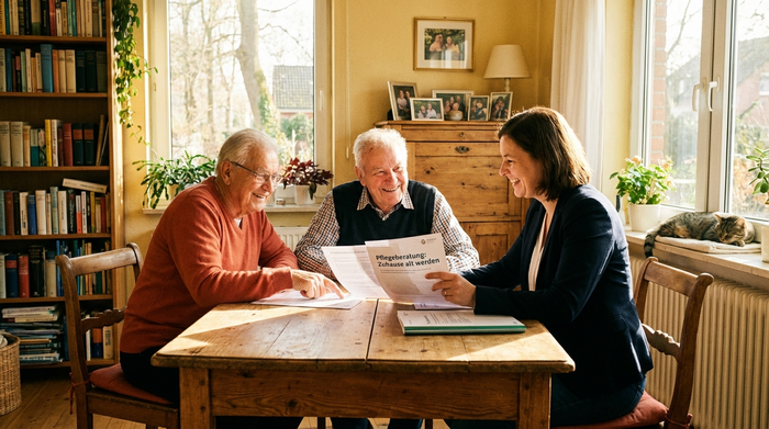 Ein älteres Ehepaar sitzt gemeinsam mit einer Beraterin an einem Holztisch, sie betrachten erfreut Unterlagen. Freundliche Gesichter, sonniges Wohnzimmer, positive Stimmung bei der Pflegeberatung.