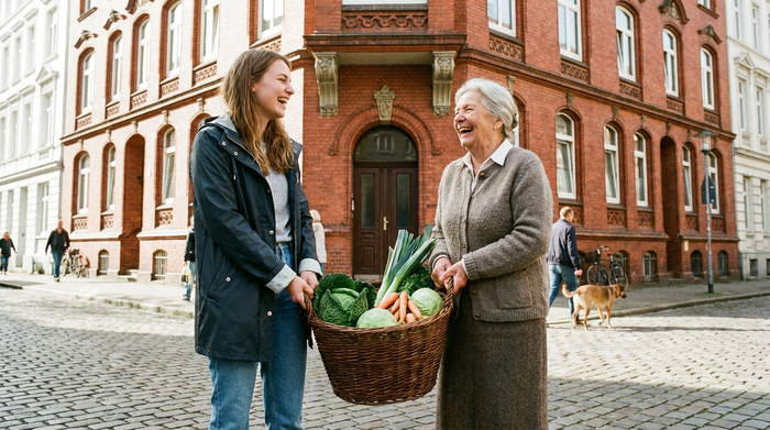 Eine junge Frau hilft einer älteren Nachbarin beim Tragen eines geflochtenen Einkaufskorbs mit frischem Gemüse vor einem typischen Hamburger Rotklinkerhaus. Fröhliches Lachen, harmonisches Miteinander.