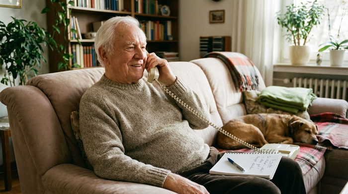 Ein Senior telefoniert entspannt auf dem Sofa sitzend mit einem Festnetztelefon, neben ihm liegt ein Notizblock. Er wirkt erleichtert und gut informiert, gemütliche Wohnatmosphäre.