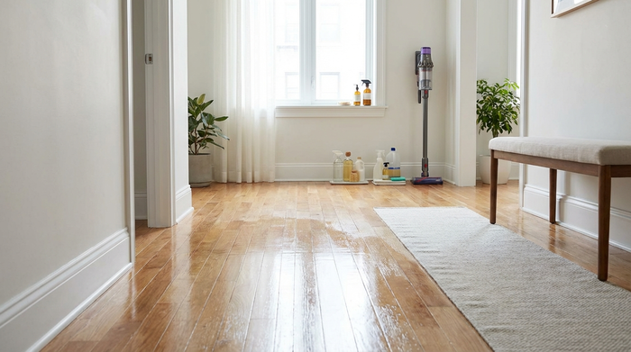 Ein sauberer, aufgeräumter Flur in einer hellen Wohnung mit frisch gewischtem Parkettboden. Im Hintergrund stehen ordentlich arrangierte Reinigungsmittel und ein moderner Staubsauger im sanften Tageslicht.