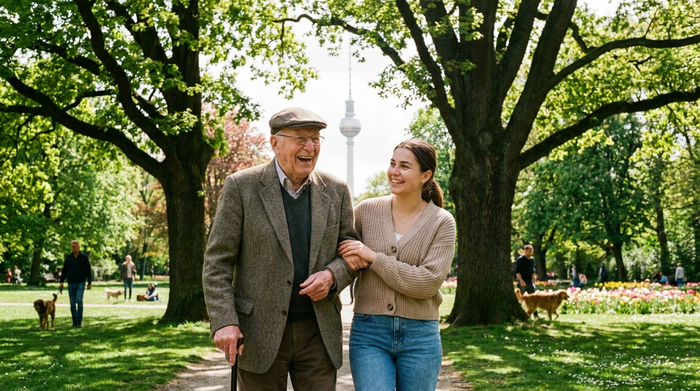 Ein älterer Herr und eine jüngere Betreuerin spazieren fröhlich durch einen grünen Park in Hamburg, umgeben von großen Bäumen im Sonnenlicht. Die Betreuerin stützt den Herrn leicht am Arm.