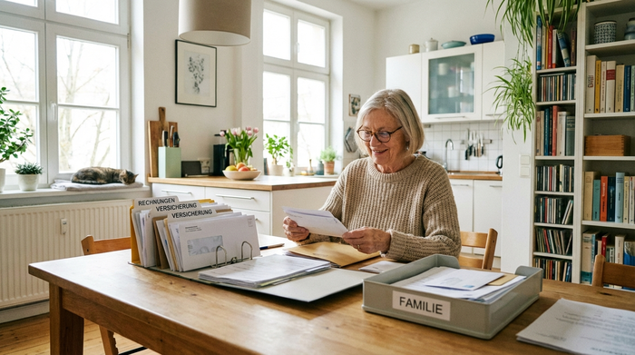 Eine ältere Dame sitzt am Küchentisch und sortiert übersichtlich Dokumente und Briefumschläge in einem hellen, aufgeräumten Raum. Sie wirkt entspannt und gut organisiert.