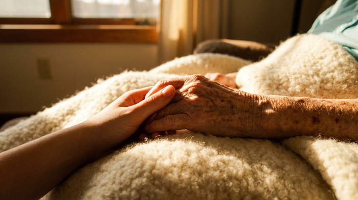 Zwei Hände, eine jung, eine alt, halten sich sanft und vertrauensvoll auf einer weichen Decke. Warme Lichtstimmung, die Geborgenheit, Vertrauen und Empathie ausstrahlt.