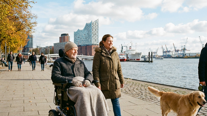 Ein Senior im Rollstuhl fährt gemeinsam mit einer Betreuerin an der Hamburger Elbe entlang. Beide blicken entspannt auf das Wasser und genießen die frische Luft.