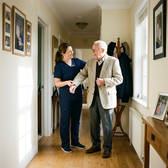 Eine fürsorgliche Pflegekraft hilft einem älteren Herrn beim Anziehen einer leichten Jacke im Flur eines gemütlichen Hauses. Helle Beleuchtung, saubere Umgebung, respektvoller Umgang.