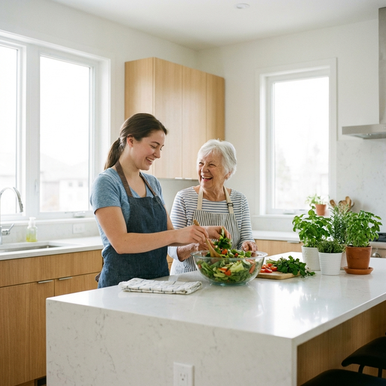 Eine junge Betreuerin und eine Seniorin bereiten gemeinsam einen frischen Salat in einer modernen, sauberen Küche zu. Beide lächeln, entspannte und fröhliche Stimmung.
