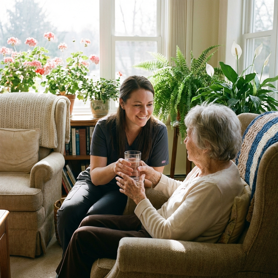 Eine aufmerksame Betreuerin reicht einer älteren Frau sanft ein Glas Wasser im hellen Wohnzimmer. Im Hintergrund gemütliche Sessel und blühende Zimmerpflanzen, ruhige und fürsorgliche Atmosphäre.