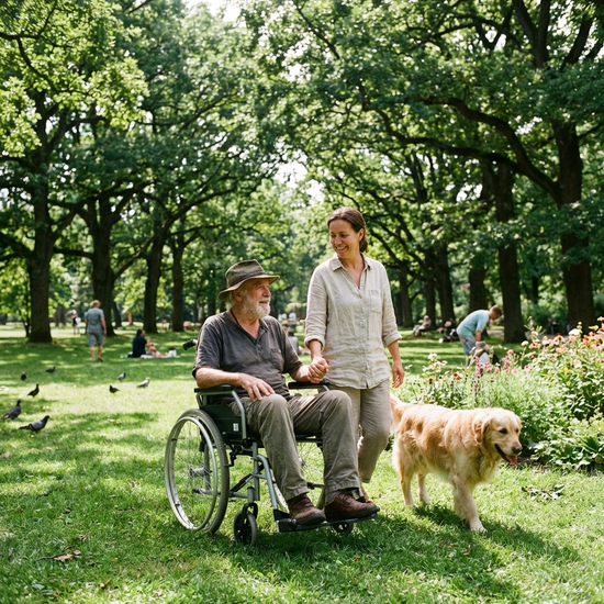 Ein älterer Mann im Rollstuhl und seine Betreuerin machen einen entspannten Spaziergang in einem grünen Park unter schattigen Bäumen. Sonniges Wetter, harmonisches Miteinander.