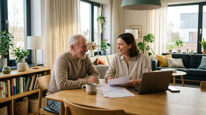 Eine erwachsene Tochter sitzt mit ihrem älteren Vater am Esstisch und bespricht entspannt Dokumente. Eine Tasse Kaffee steht auf dem Tisch, aufgeräumtes und freundliches Ambiente in einem modernen Wohnzimmer.