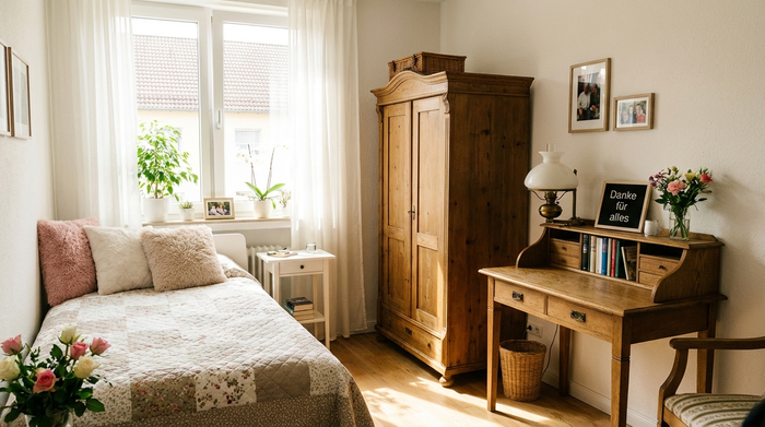 Ein liebevoll eingerichtetes, helles Gästezimmer für eine Pflegekraft mit einem gemütlichen Bett, einem Holzschrank und einem kleinen Schreibtisch. Ein großes Fenster lässt Tageslicht herein, saubere und einladende Raumgestaltung.