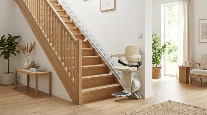 Ein moderner, sicherer Treppenlift in einem gepflegten Einfamilienhaus. Die Treppe ist aus hellem Holz, der Lift fügt sich harmonisch in das saubere und helle Wohnumfeld ein.