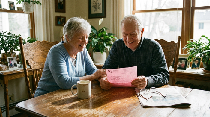 Ein älteres Ehepaar sitzt gemeinsam am Esstisch und betrachtet erleichtert ein rosafarbenes ärztliches Rezept. Eine Tasse Kaffee steht daneben, die Atmosphäre ist entspannt und zuversichtlich.