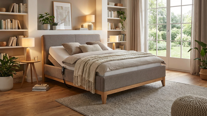 Ein komfortables, elektrisch verstellbares Pflegebett in einem wohnlichen Schlafzimmer. Das Bett fügt sich harmonisch in die Einrichtung ein, weiche Kissen und eine warme Decke liegen darauf.