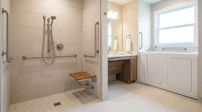 Ein modernes, barrierefreies Badezimmer mit einer bodengleichen Dusche, eleganten Haltegriffen und rutschfesten Fliesen. Ein klappbarer, sicherer Duschsitz ist an der hellen Wand montiert.