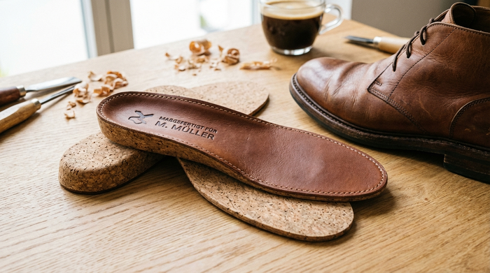 Nahaufnahme von hochwertigen, maßgefertigten orthopädischen Einlagen aus Kork und weichem Leder, die auf einem hellen Holztisch neben einem bequemen Lederschuh liegen.