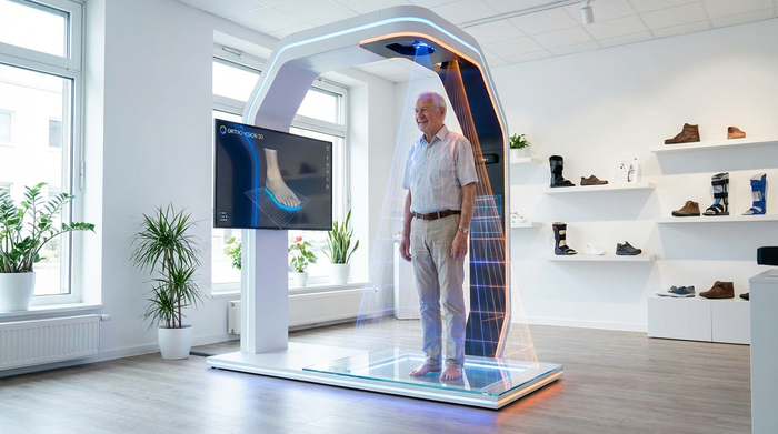 Ein moderner, leuchtender 3D-Fußscanner in einem hellen, sauberen Sanitätshaus, ein älterer Herr steht barfuß auf der beleuchteten Glasplatte zur präzisen Vermessung.