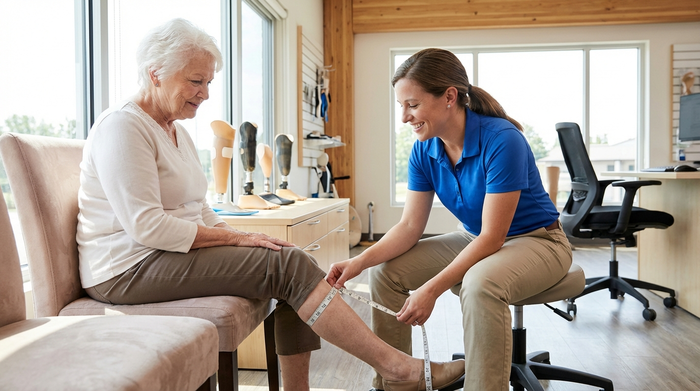 Eine einfühlsame Orthopädietechnikerin misst mit einem flexiblen Maßband behutsam das Bein einer älteren Dame in einem hellen, modernen Beratungsraum.