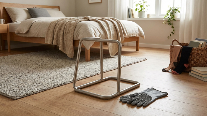 Eine praktische metallene Anziehhilfe für Kompressionsstrümpfe steht auf dem Fußboden eines gemütlichen Schlafzimmers, daneben liegen spezielle Noppen-Gummihandschuhe bereit.