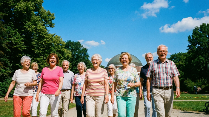 Eine fröhliche Seniorengruppe genießt einen beschwerdefreien Spaziergang durch den Hamburger Stadtpark, im Hintergrund sind grüne Bäume und ein strahlend blauer Himmel zu sehen.