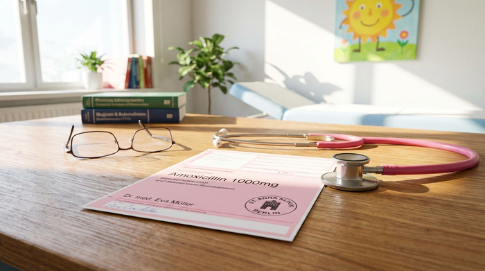 Ein rosa ärztliches Rezept liegt auf einem sauberen Holztisch neben einem Stethoskop und einer Lesebrille. Die Szene ist hell, professionell und fokussiert auf die medizinischen Dokumente in einer freundlichen Arztpraxis.