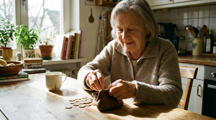 Eine ältere Dame sitzt am Küchentisch und sortiert mit einem ruhigen Lächeln einige Euro-Münzen in ein kleines Lederportemonnaie. Im Hintergrund steht eine weiße Kaffeetasse auf dem Holztisch in einer warmen, sonnigen Küche.