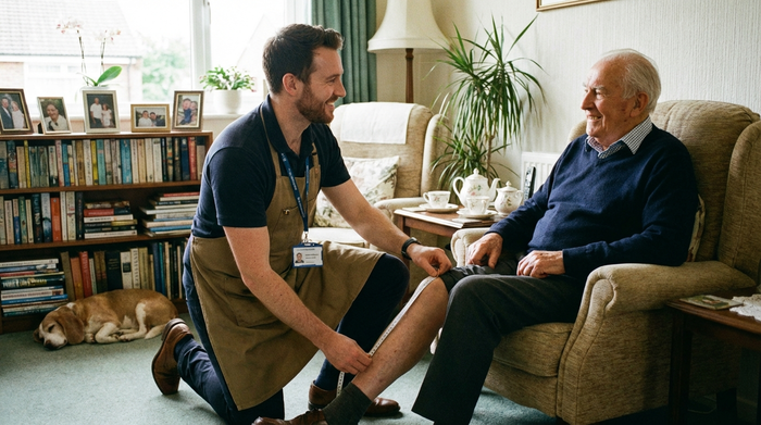 Ein professioneller Orthopädietechniker kniet auf dem Boden eines gemütlichen Wohnzimmers und misst behutsam das Bein eines lächelnden älteren Mannes mit einem Maßband ab. Die Stimmung ist vertrauensvoll und entspannt.
