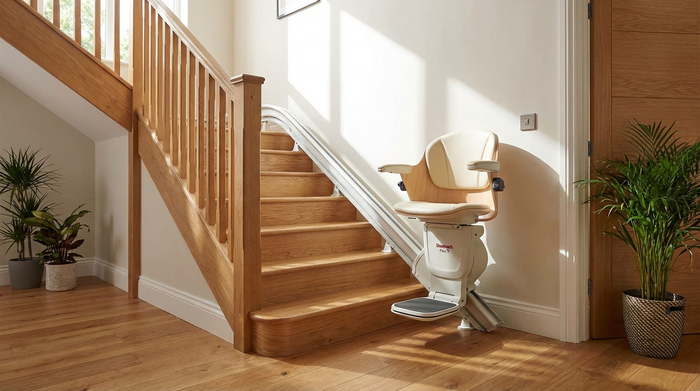 Ein moderner, eleganter Treppenlift ist an einer gepflegten Holztreppe in einem hellen Einfamilienhaus installiert. Sonnenlicht beleuchtet die sichere und komfortable Sitzfläche des Lifts, der sich harmonisch in den Raum einfügt.