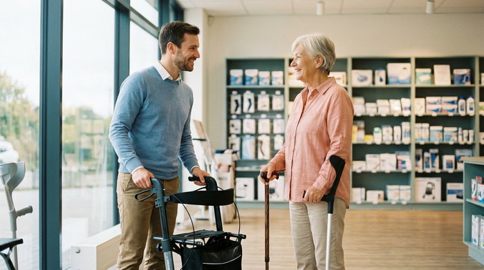 Eine freundliche Beraterin in einem hellen, modernen Sanitätshaus zeigt einer interessierten Seniorin verschiedene ergonomische Gehhilfen. Im Hintergrund sind ordentliche Regale mit medizinischen Produkten unscharf zu erkennen.