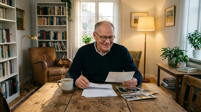 Ein älterer Herr sitzt entspannt an einem Holztisch in seinem Wohnzimmer und betrachtet zufrieden einige Dokumente. Neben ihm steht eine Tasse Kaffee. Warme Beleuchtung, aufgeräumtes Ambiente, fotorealistisch.