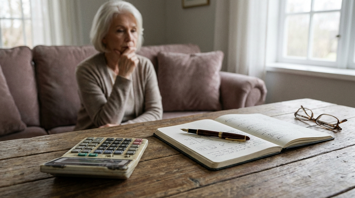Ein Taschenrechner, ein Notizbuch und ein Stift liegen auf einem Holztisch neben einer Lesebrille. Im unscharfen Hintergrund sitzt eine nachdenkliche ältere Frau auf einem bequemen Sofa. Ruhige, klare Szene, fotorealistisch.