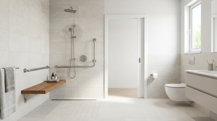Ein modernes, barrierefreies Badezimmer mit einer bodengleichen Dusche, einer Sitzgelegenheit und eleganten Haltegriffen an der Wand. Helle Fliesen, sauberes und sicheres Design, fotorealistisch ohne Text.