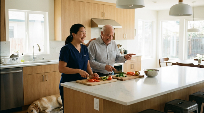 Eine liebevolle Betreuungskraft kocht gemeinsam mit einem älteren Herrn in einer modernen Küche. Beide lachen und schneiden frisches Gemüse. Authentische Alltagssituation, helle Farben, fotorealistisch.