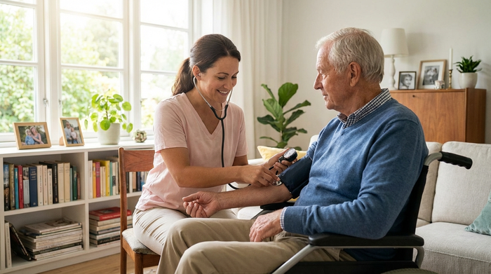Eine einfühlsame Pflegekraft misst sanft den Blutdruck eines älteren Herrn im Rollstuhl in einem gepflegten Wohnzimmer. Helles Tageslicht, fokussierte und ruhige Stimmung, medizinische Betreuung zu Hause.