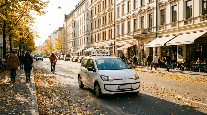 Ein kleines, weißes Auto eines Pflegedienstes fährt durch eine belebte, herbstliche Straße in München Schwabing. Typische Altbaufassaden im Hintergrund, sonniges Wetter, realistische städtische Umgebung ohne lesbare Logos.