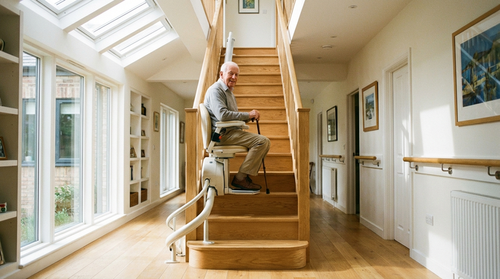 Ein moderner Treppenlift an einer Holztreppe in einem hellen Flur. Ein älterer Mann sitzt sicher und entspannt auf dem Lift und fährt nach oben. Praktische Alltagshilfe, aufgeräumtes und sicheres Wohnumfeld.