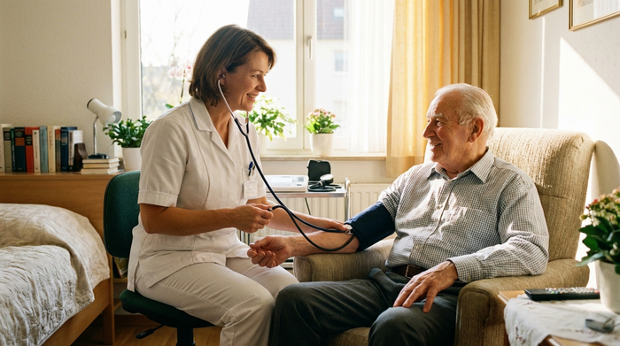 Eine professionelle Pflegekraft in weißer Uniform misst den Blutdruck eines älteren Herrn in einem aufgeräumten, sonnigen Schlafzimmer. Beide wirken entspannt und freundlich. Helle Umgebung, medizinische Routine, realistisch ohne Text.