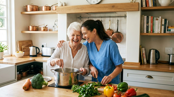 Zwei Frauen, eine ältere Seniorin und eine jüngere Betreuungskraft, kochen gemeinsam lachend in einer gemütlichen, gut ausgestatteten Küche frisches Gemüse. Warme Beleuchtung, harmonisches Zusammenleben, realistisch ohne Text.