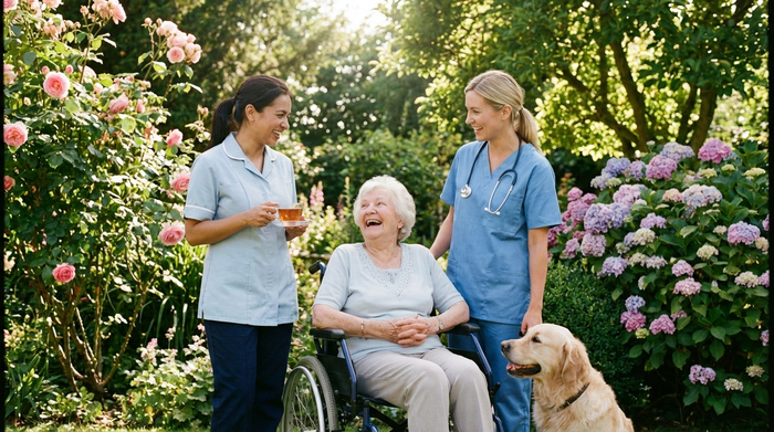 Eine Seniorin sitzt im Rollstuhl in einem grünen Garten, umgeben von einer Betreuungskraft und einer medizinischen Pflegefachkraft, die sich freundlich unterhalten. Sonniges Wetter, blühende Pflanzen, Teamwork in der Pflege, realistisch ohne Text.