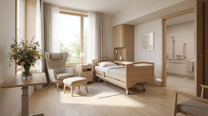 Ein stilvolles, barrierefreies Seniorenzimmer mit einem komfortablen Sessel, einem modernen Pflegebett und hellen Holzmöbeln. Ein großer Blumenstrauß steht auf dem Tisch, sanftes Tageslicht fällt durch das Fenster, fotorealistisch.