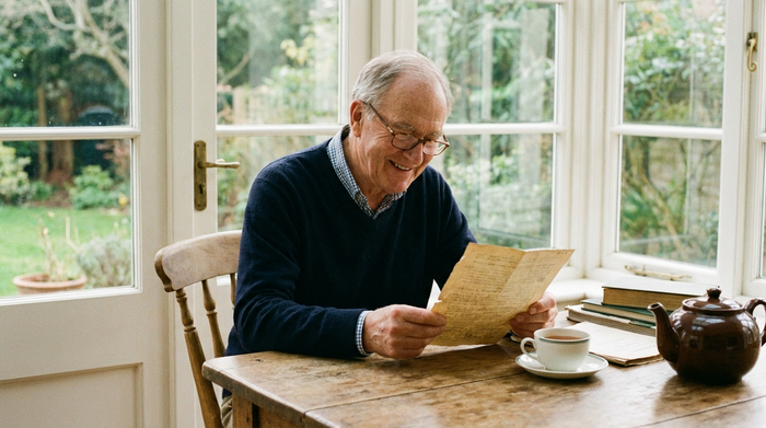 Ein älterer Herr mit Lesebrille sitzt entspannt an einem Holztisch und betrachtet mit einem Lächeln ein Dokument. Neben ihm steht eine Tasse Tee. Helle, ruhige Umgebung, fotorealistisch.