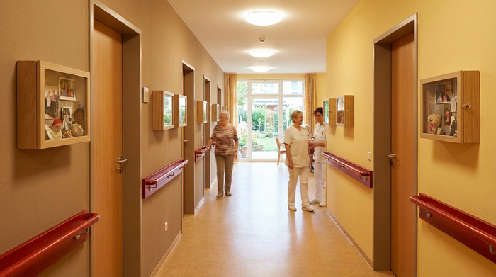 Ein heller, freundlicher Flur in einer Pflegeeinrichtung ohne Sackgassen. Warme Farben an den Wänden, rote Handläufe als Kontrast und kleine Erinnerungskästen neben den Holztüren. Sanftes, natürliches Licht fällt durch ein großes Fenster am Ende des Rundgangs.