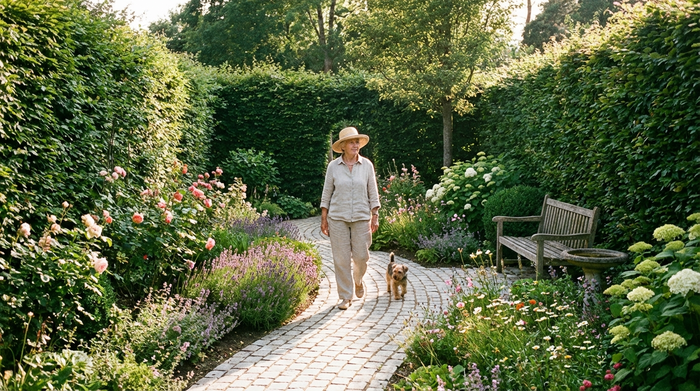 Ein idyllischer, sicherer Garten mit einem Rundweg aus hellen Pflastersteinen. Üppig bepflanzte Blumenbeete und dichte, grüne Hecken verbergen geschickt die äußeren Begrenzungen. Eine ältere Person spaziert entspannt an einem sonnigen Nachmittag durch die blühende Anlage.