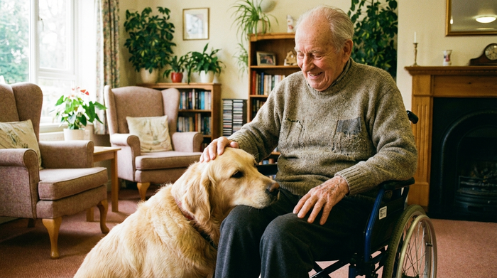 Ein freundlicher Golden Retriever legt sanft seinen Kopf auf den Schoß eines älteren Herrn im Rollstuhl. Der Mann streichelt den Hund und lächelt glücklich. Die Szene spielt in einem gemütlichen, wohnzimmerartigen Aufenthaltsraum mit Pflanzen.