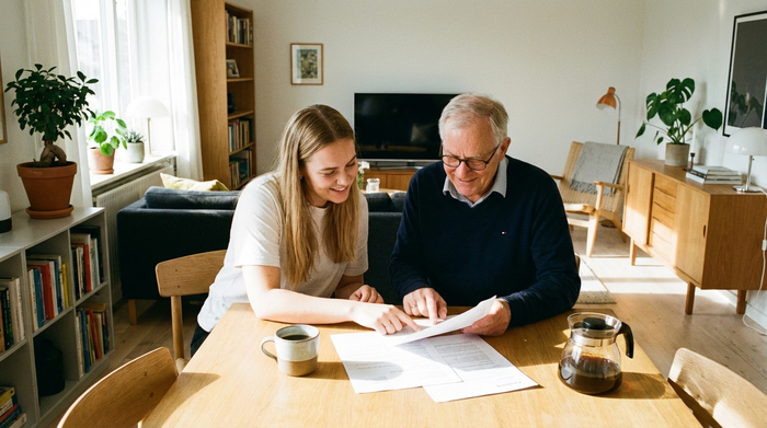 Eine jüngere Frau und ein älterer Herr sitzen gemeinsam an einem hellen Holztisch und betrachten aufmerksam Dokumente. Eine Tasse Kaffee steht daneben. Die Szene wirkt konzentriert, aber entspannt und positiv in einem modernen Wohnzimmer.