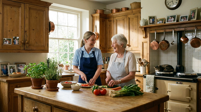 Eine freundliche Betreuungskraft kocht gemeinsam mit einer älteren Frau in einer gemütlichen, klassischen Küche. Beide schneiden frisches Gemüse und lachen miteinander. Die Umgebung wirkt familiär, aufgeräumt und sehr vertraut.
