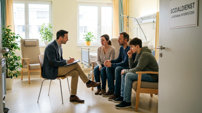 Ein professioneller Sozialarbeiter im Gespräch mit einer besorgten Familie in einem hellen Krankenhauszimmer. Der Sozialarbeiter trägt legere Geschäftskleidung und macht sich Notizen. Empathische und unterstützende Atmosphäre.