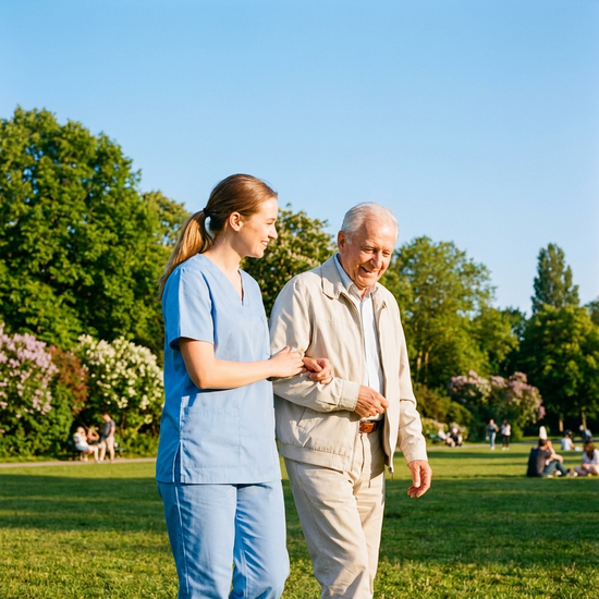 Eine freundliche, junge Pflegekraft in hellblauer Berufskleidung hilft einem lächelnden Senior beim Spaziergang in einem großen Park. Sonniges Wetter, grüne Bäume im Hintergrund.